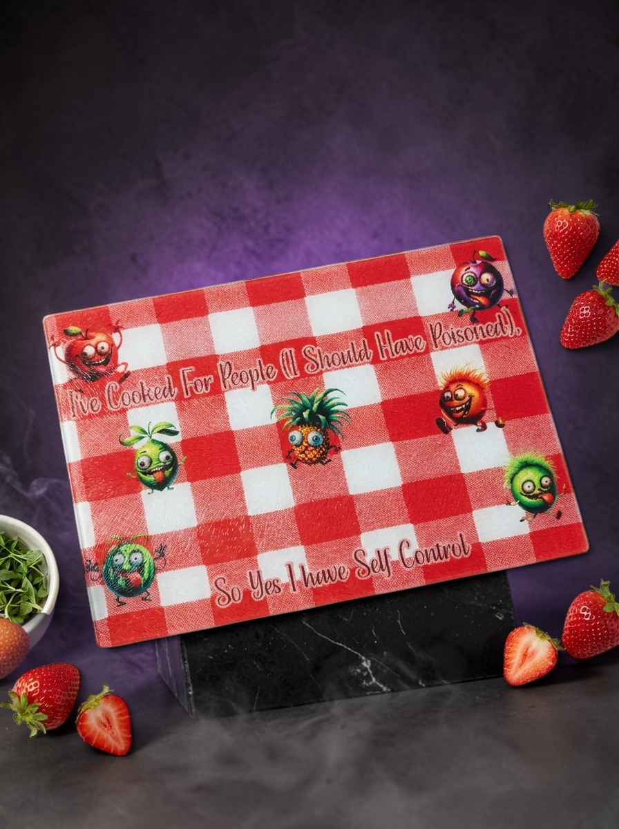 The "Berry Naughty" & Fruit Squad Sublimated Glass Cutting Board/Hot Plate
