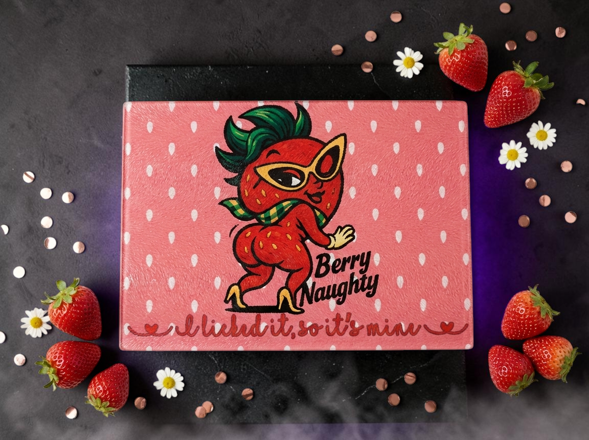 The "Berry Naughty" & Fruit Squad Sublimated Glass Cutting Board/Hot Plate